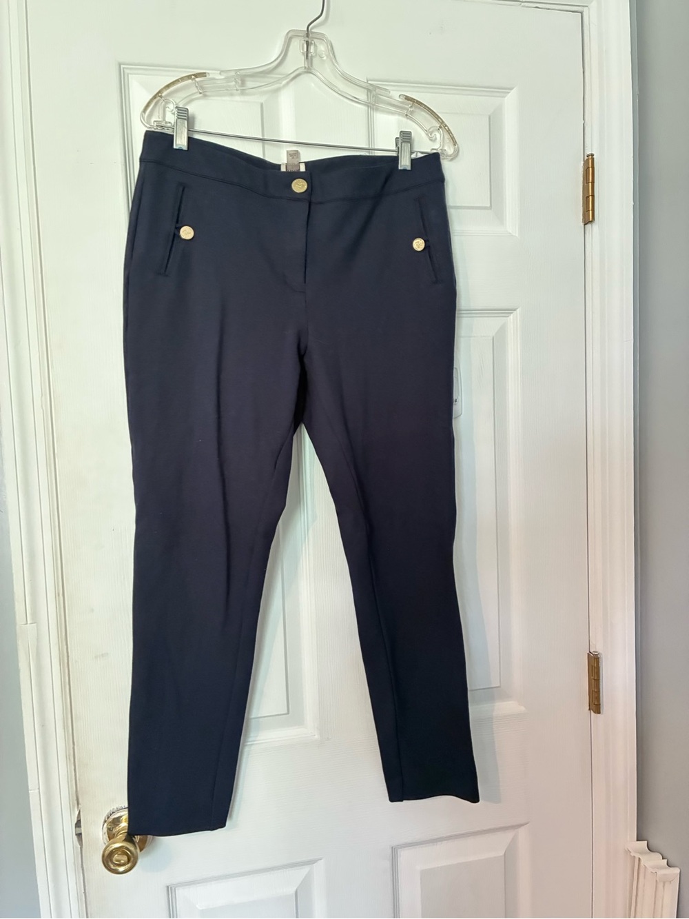 Anne Klein Navy Ponte Slim Ankle Pants with Gold Buttons